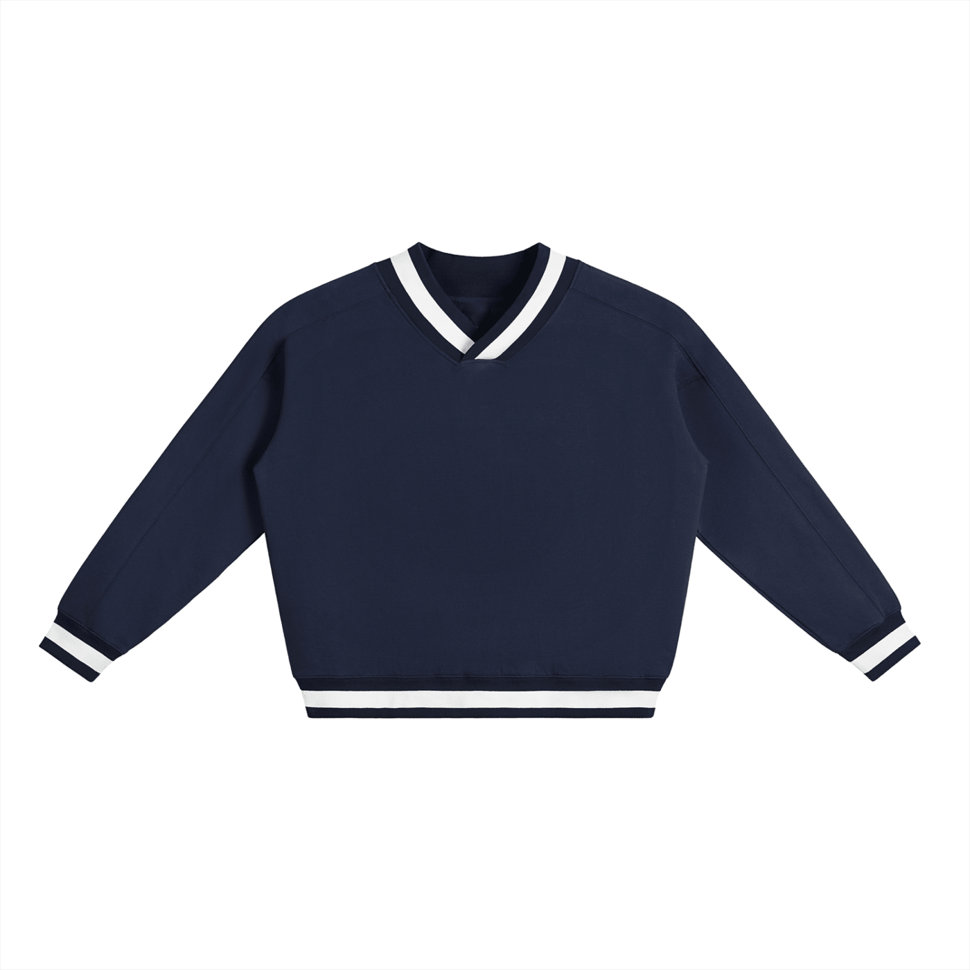 Navy blue sweater with white trim on a white background