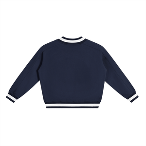 Navy blue sweater with white trim on a white background