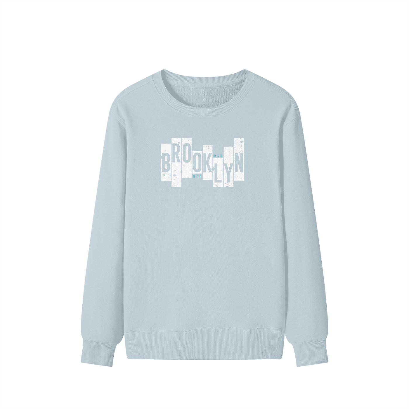 Light blue long-sleeve shirt with 'Brooklyn' text design on a white background