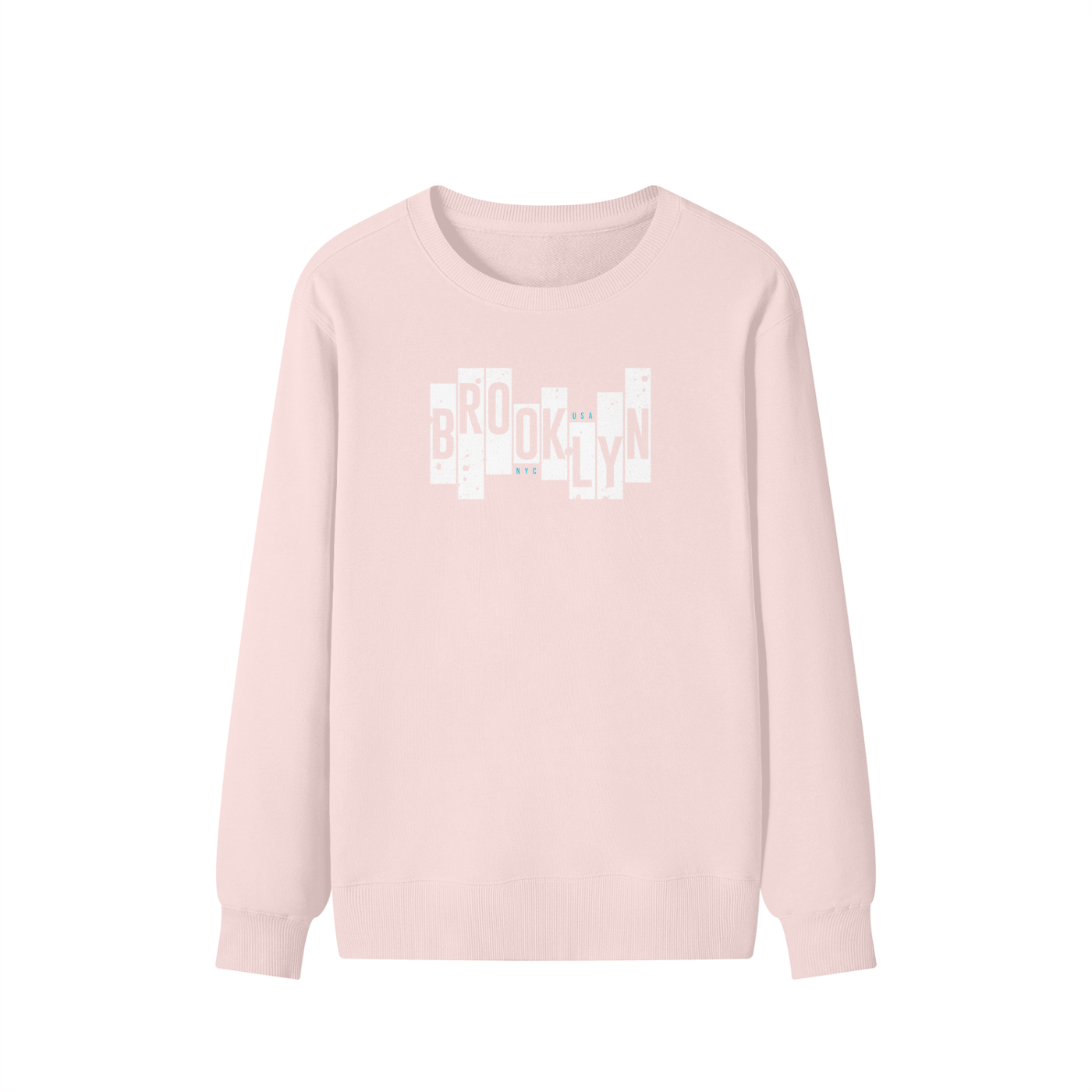 Pink sweatshirt with 'Brooklyn' text on a white background