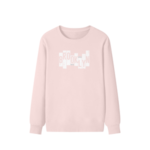 Pink sweatshirt with 'Brooklyn' text on a white background