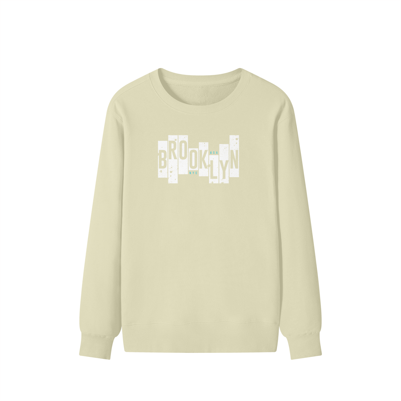 Beige long-sleeve shirt with 'Brooklyn' text design on a white background