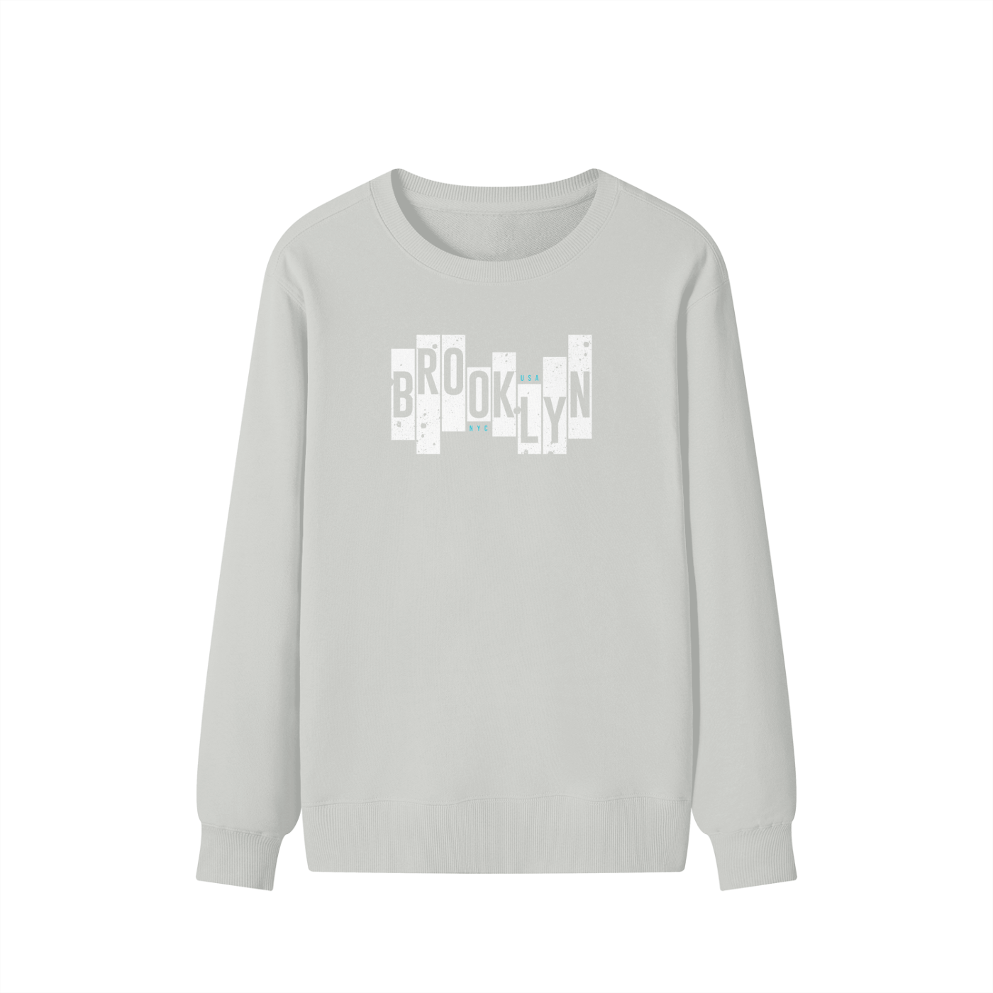Gray sweatshirt with 'Brooklyn' text design on a white background