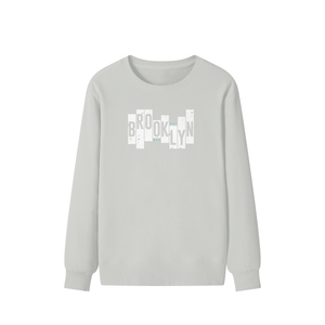 Gray sweatshirt with 'Brooklyn' text design on a white background