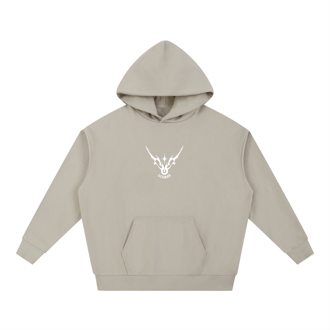 Beige hoodie with a logo on a white background
