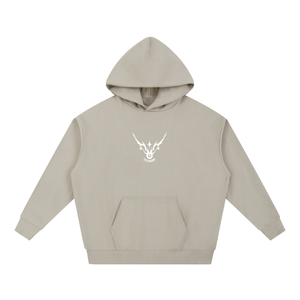 Beige hoodie with a logo on a white background