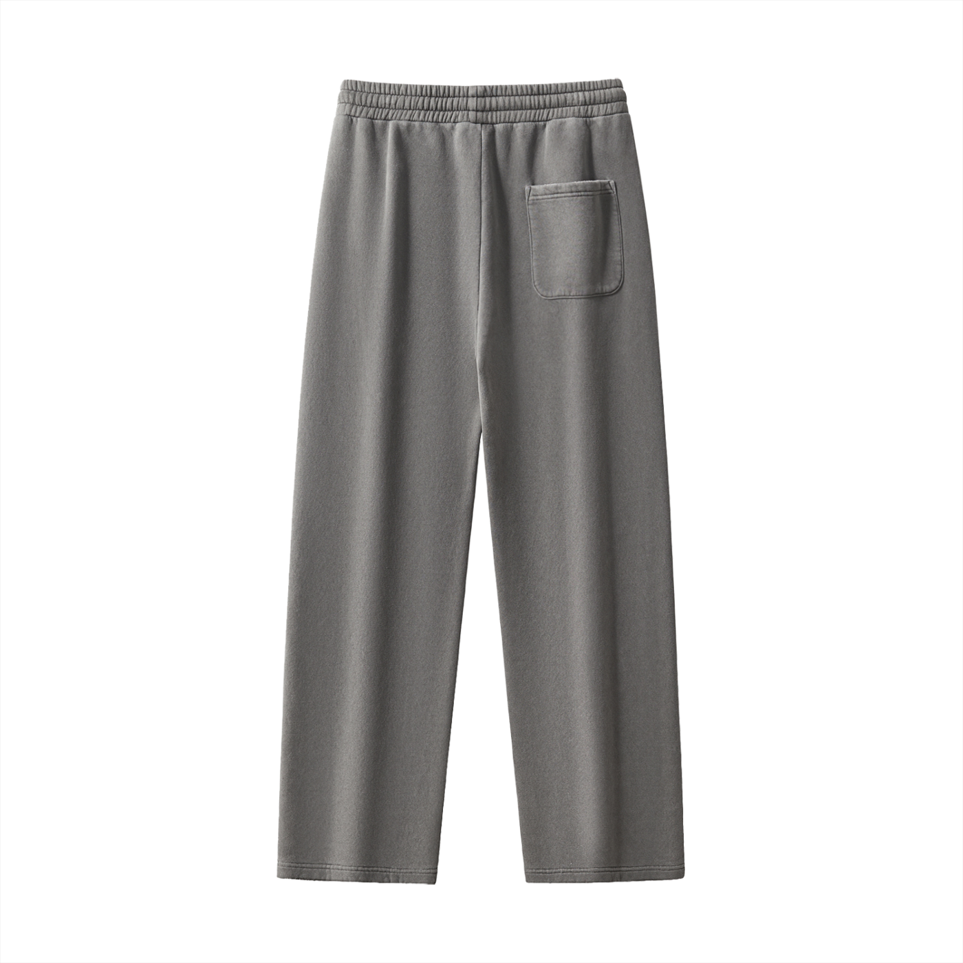A pair of gray wide-leg sweatpants with an elastic waistband and a single patch pocket on the back right leg, shown against a plain white background.