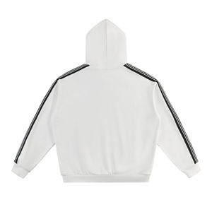 White hoodie with black stripes on sleeves on a white background