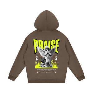 A brown pullover hoodie shown from the back, featuring a large graphic print with the word 'PRaise' in bright yellow, a winged angel statue, flames, and small text near the bottom.