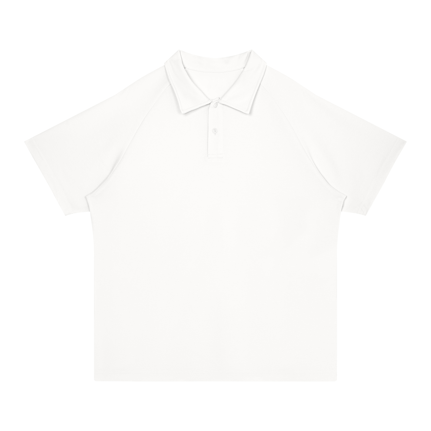 A plain white short-sleeve polo shirt with a classic collar and a two-button placket, presented flat against a solid white background.