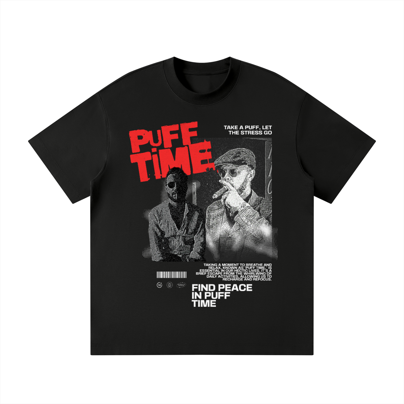 A black short-sleeve graphic t-shirt featuring a distressed red and white print with the text 'PUFF TIME' and two black-and-white portraits of a man smoking, shown on a plain white background.
