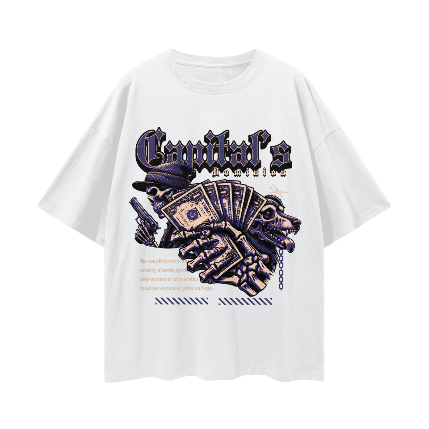 White t-shirt with a graphic design featuring a hand holding money and text on a white background