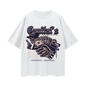 White t-shirt with a graphic design featuring a hand holding money and text on a white background