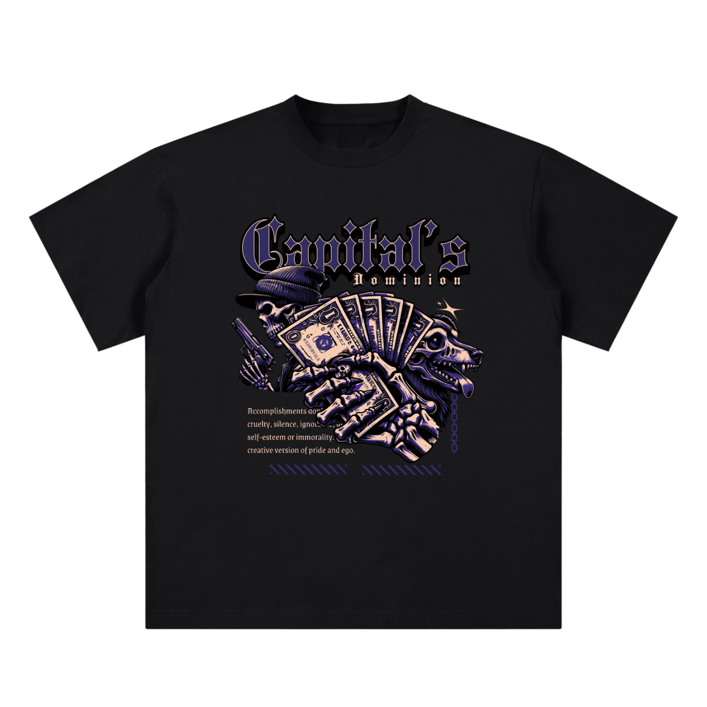 A black short-sleeve t-shirt with a gothic-style graphic on the front featuring the text 'Capital's Dominion' in purple and gold, accompanied by a skull holding playing cards and small text below.