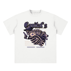 A white short-sleeve crewneck t-shirt featuring a graphic print of a skeletal hand holding a stack of cash and playing cards, with the text 'Criminal's Gangster' in a stylized font above it.