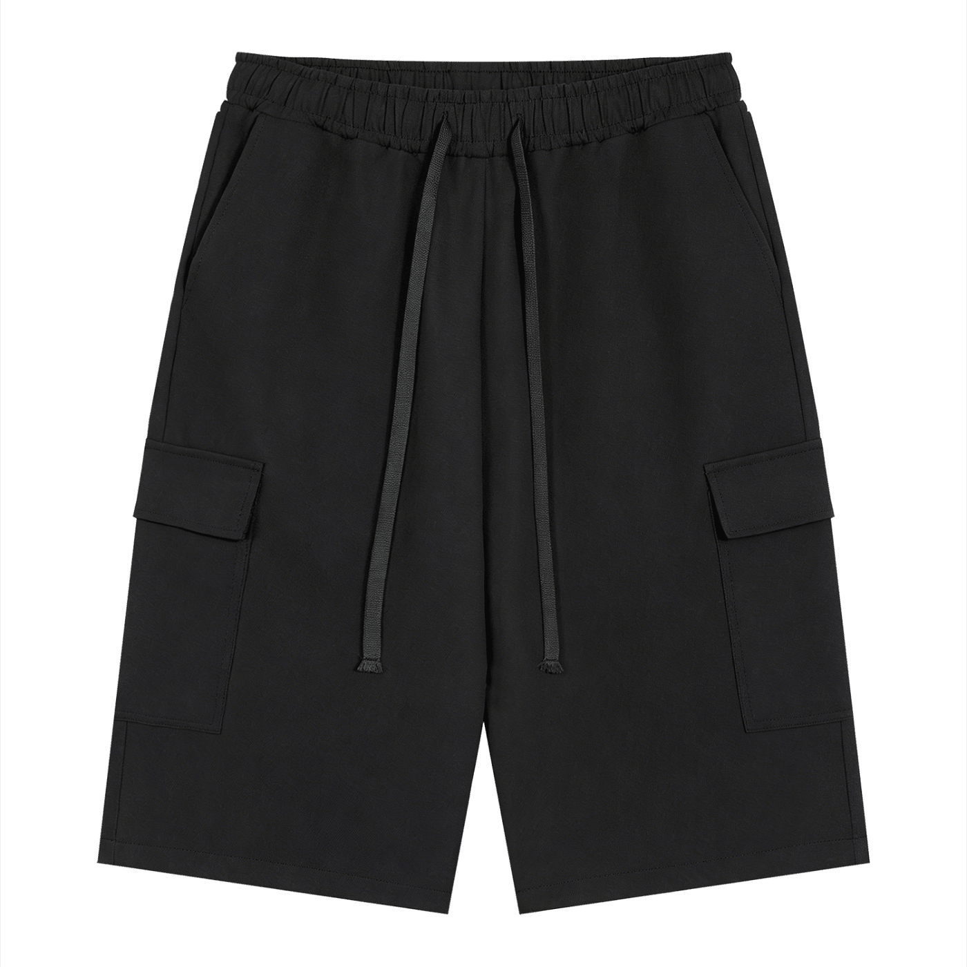 Black cargo shorts with a drawstring on a white background