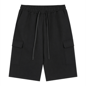 Black cargo shorts with a drawstring on a white background