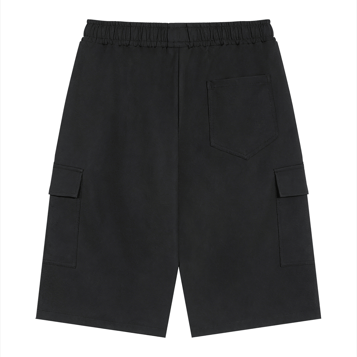 Black cargo shorts on a white background