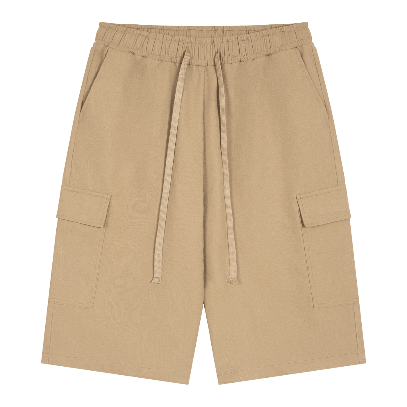 Beige cargo shorts with a drawstring on a white background