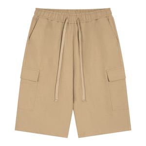 Beige cargo shorts with a drawstring on a white background