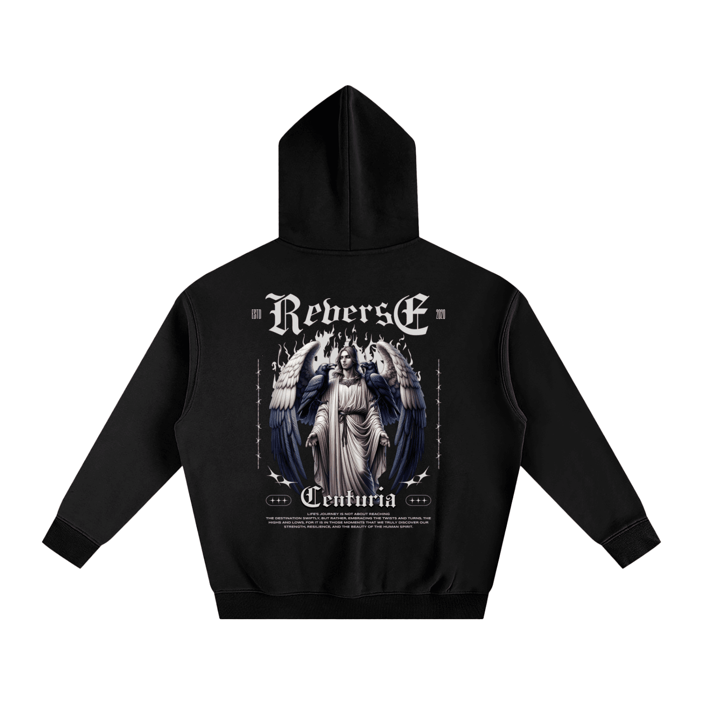 Black hoodie with angel graphic and text on a white background