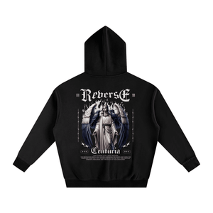 Black hoodie with angel graphic and text on a white background