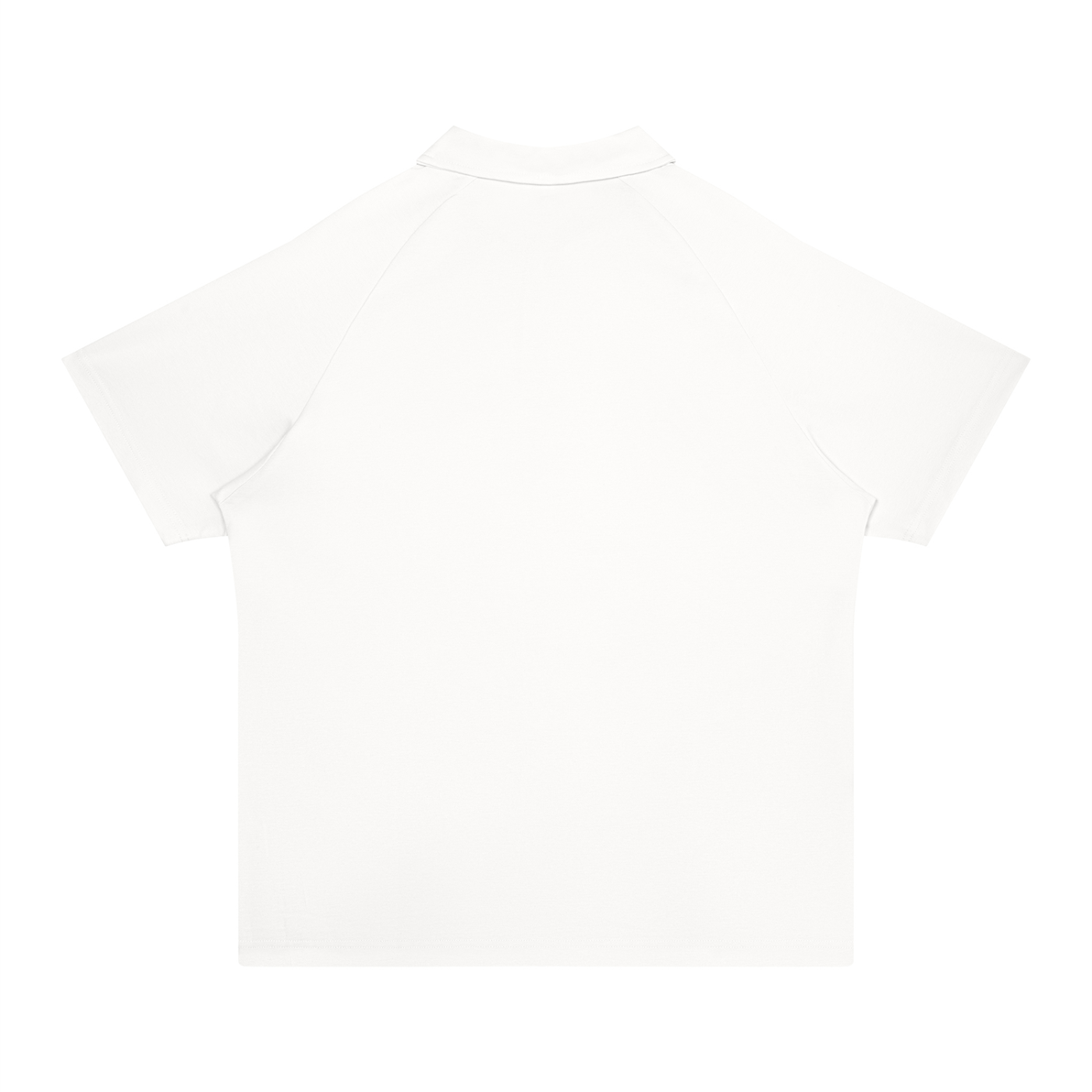 A white short-sleeve polo shirt shown from the back, laid flat against a solid white background.