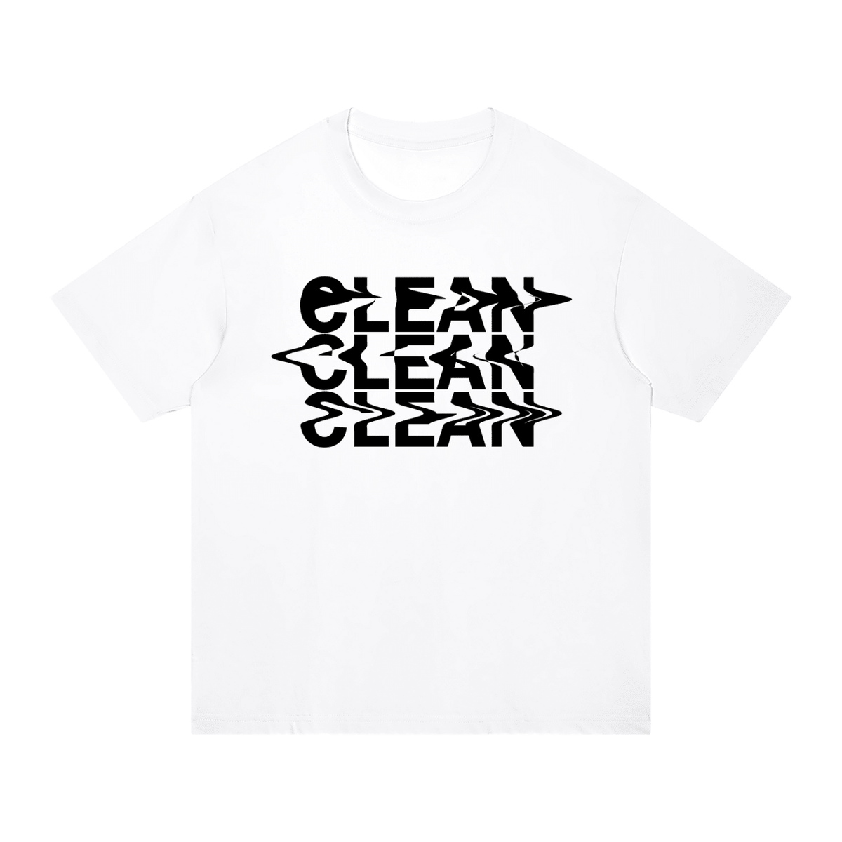 A white short-sleeve crewneck t-shirt featuring a bold black graphic print on the chest that reads 'CLEAN' repeated three times in a stylized, slightly distorted font.