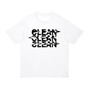 A white short-sleeve crewneck t-shirt featuring a bold black graphic print on the chest that reads 'CLEAN' repeated three times in a stylized, slightly distorted font.