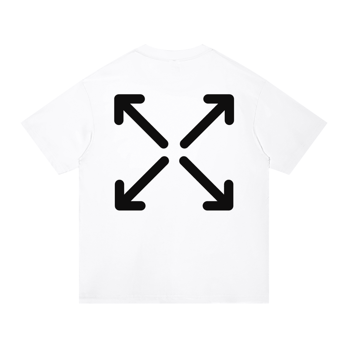 A white short-sleeve t-shirt with a black four-arrow graphic printed on the back, displayed against a solid white background.
