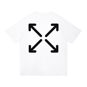 A white short-sleeve t-shirt with a black four-arrow graphic printed on the back, displayed against a solid white background.