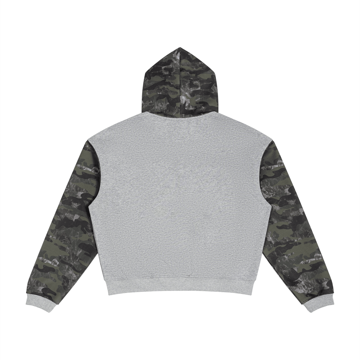 A cropped hoodie shown from the back, featuring a solid light gray fleece body, camouflage patterned sleeves, and a matching camouflage hood.