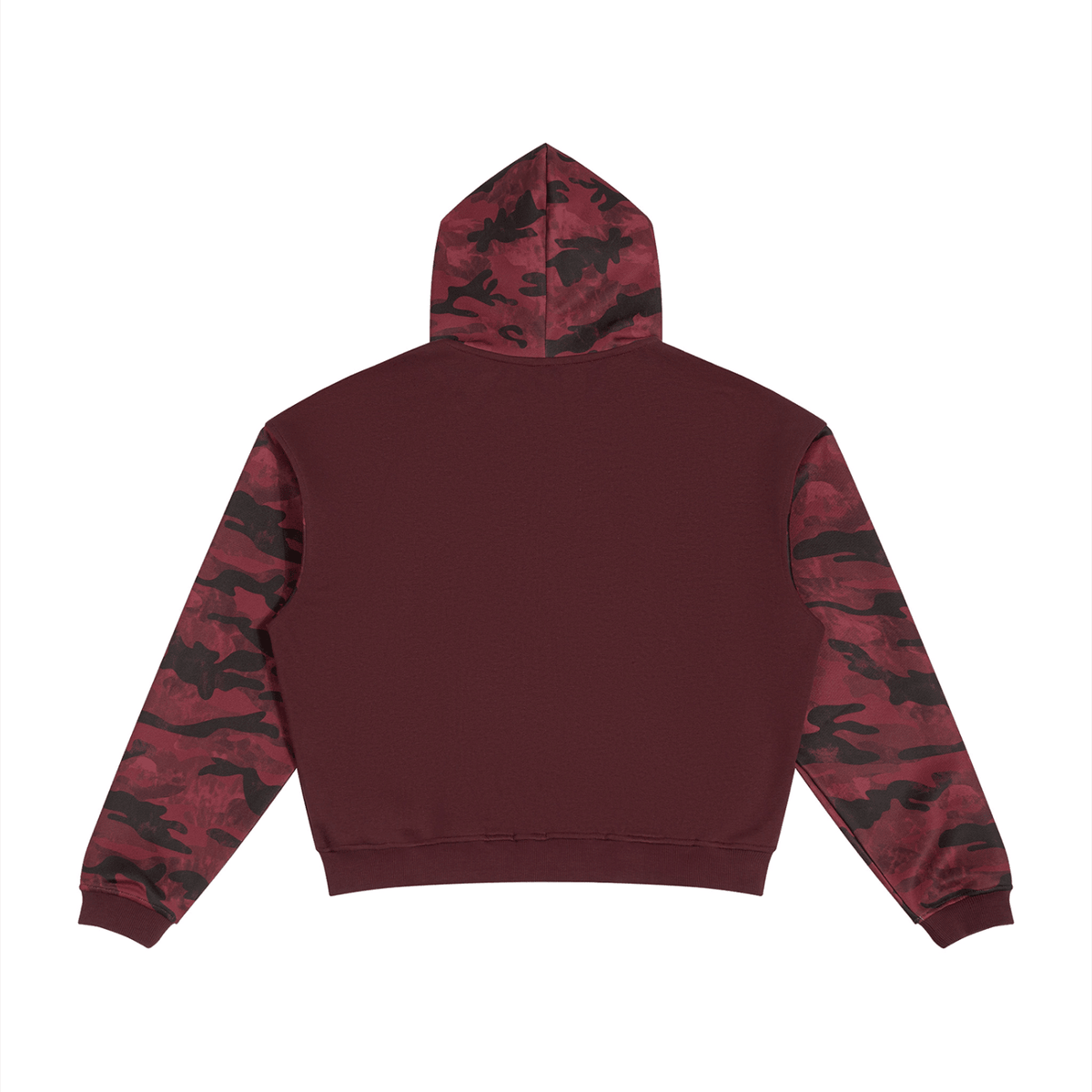 A cropped hoodie shown from the back, featuring a solid deep burgundy body with contrasting red and black camouflage sleeves and hood.