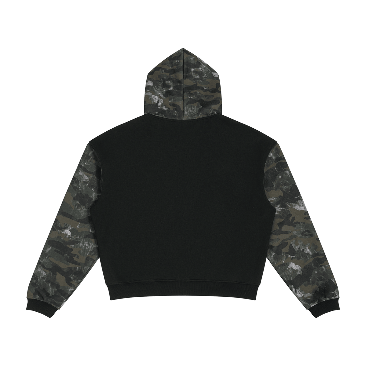 A black cropped hoodie with camouflage pattern sleeves and hood, shown from the back on a solid white background.