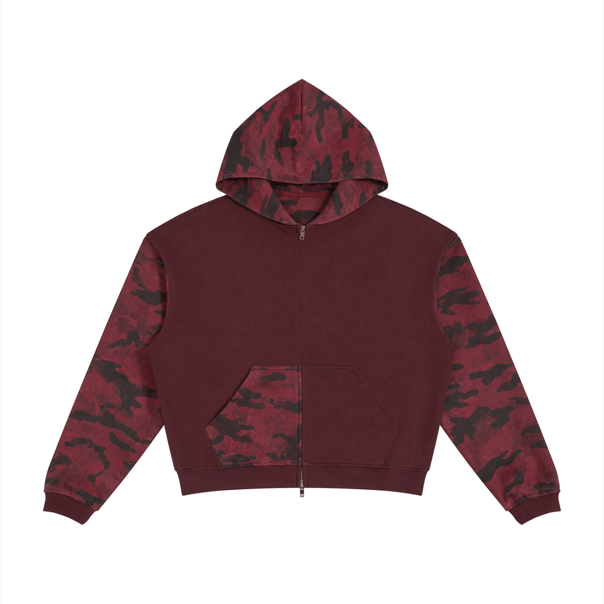 A cropped zip-up hoodie with a solid burgundy body and sleeves featuring a dark red and black camouflage pattern, shown flat on a white background.