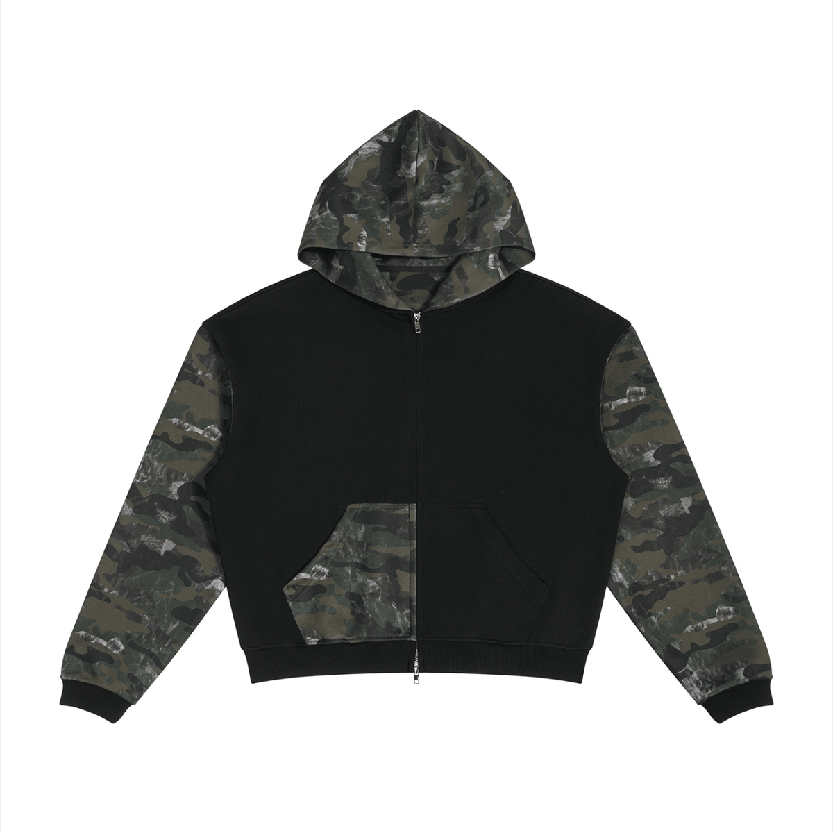 A black zip-up hoodie with camouflage pattern sleeves and a matching camouflage hood lining, displayed flat against a solid white background.
