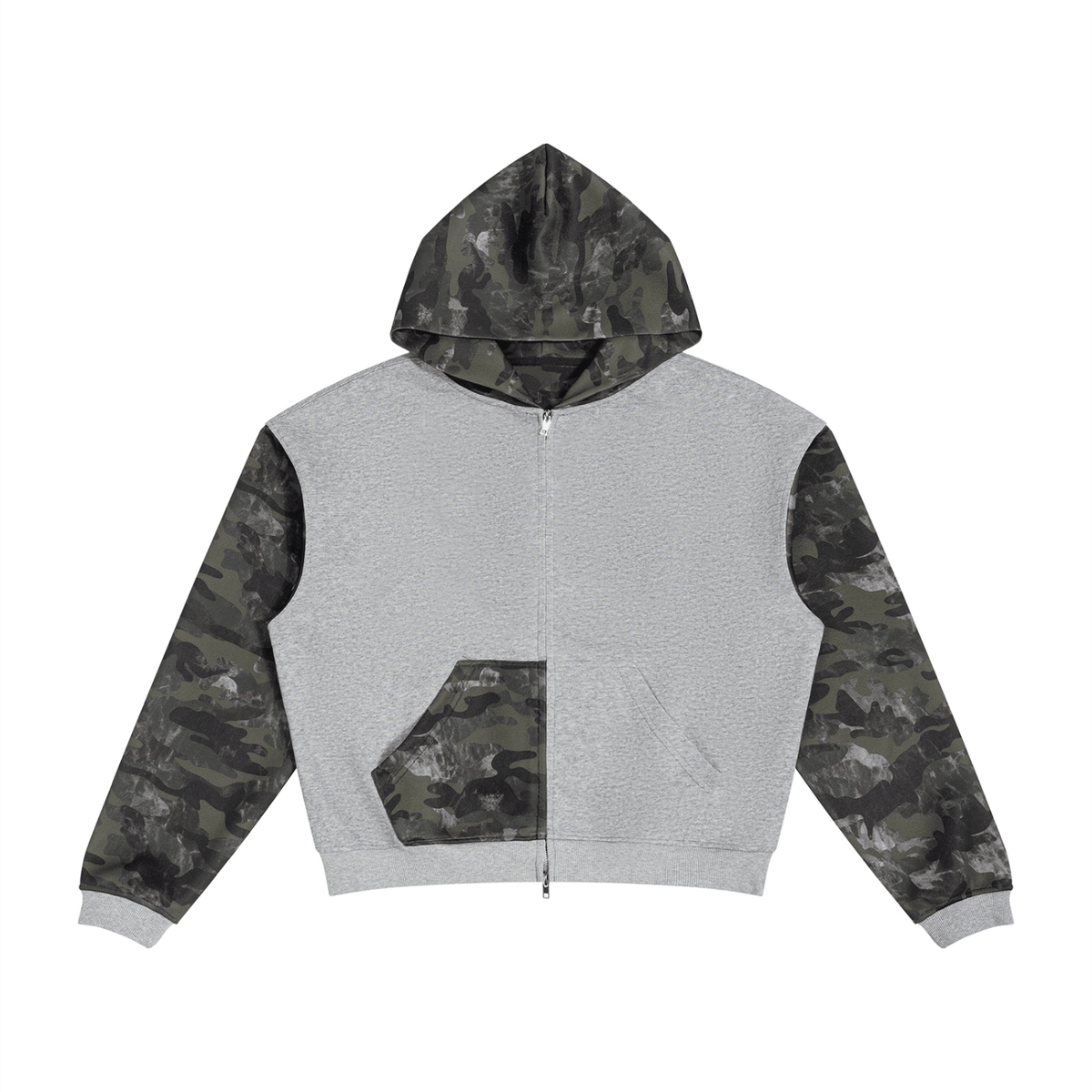 A zip-up hoodie with a light gray body and camouflage-patterned sleeves and hood, featuring a front pocket and embroidered chest logos, shown on a plain white background.