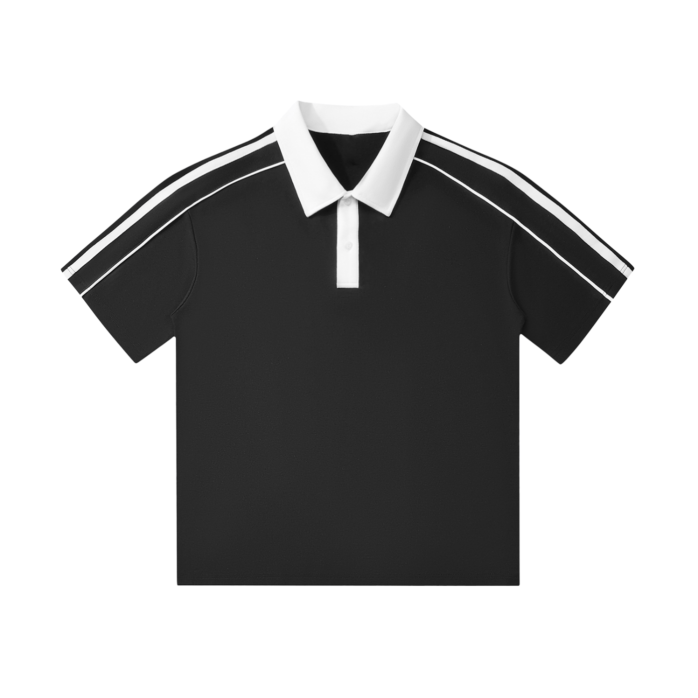 Black polo shirt with white collar and stripes on sleeves and hem against a white background