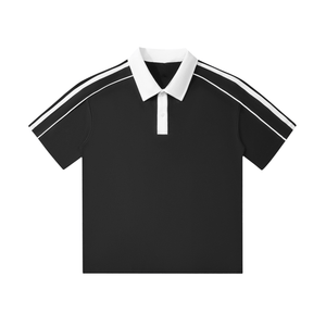 Black polo shirt with white collar and stripes on sleeves and hem against a white background