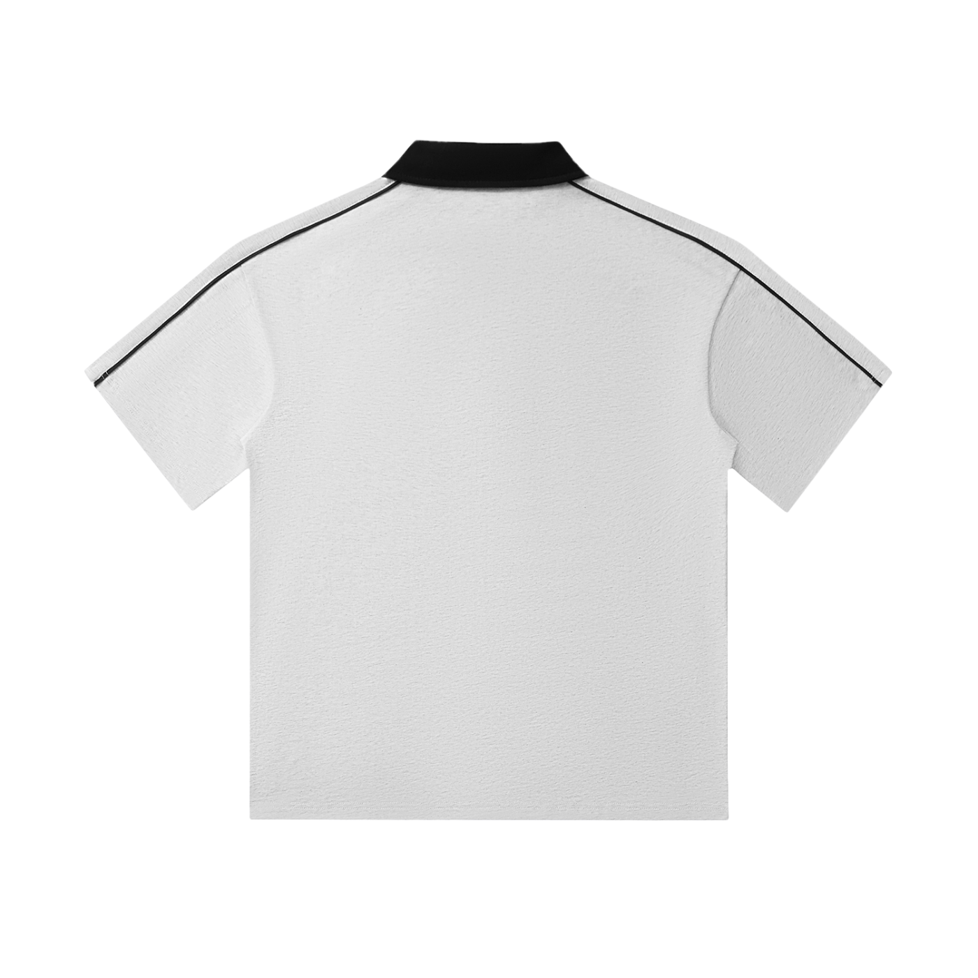 White polo shirt with black trim on a white background