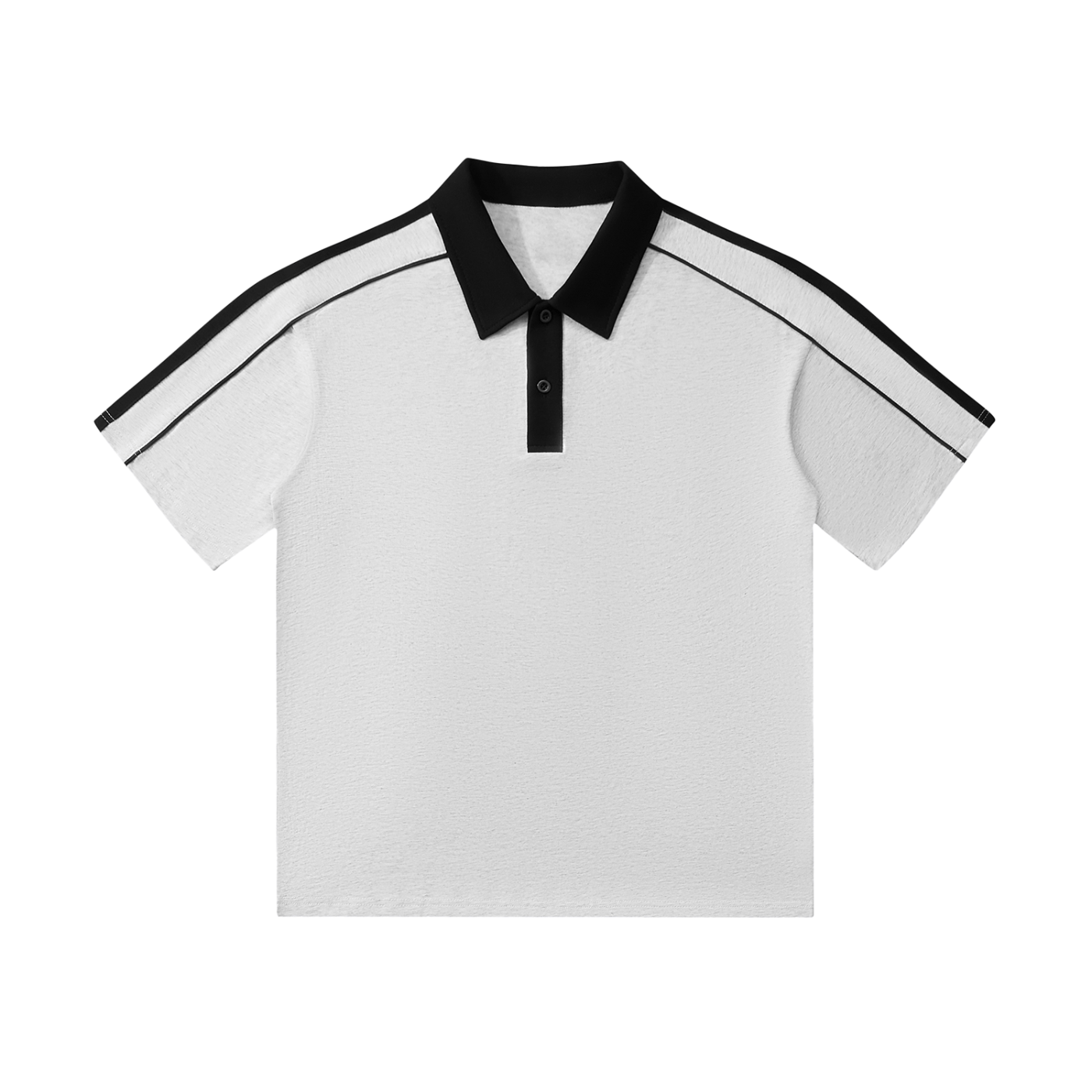 White polo shirt with black accents on a white background