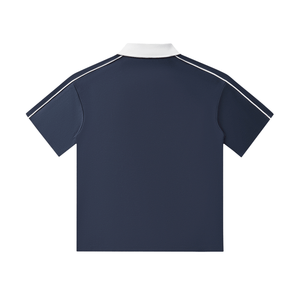 Navy blue polo shirt with white trim on a white background