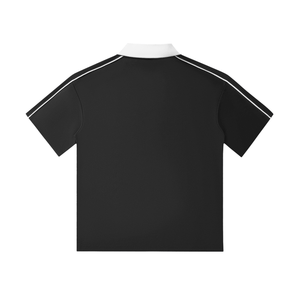 Black polo shirt with white trim on a white background