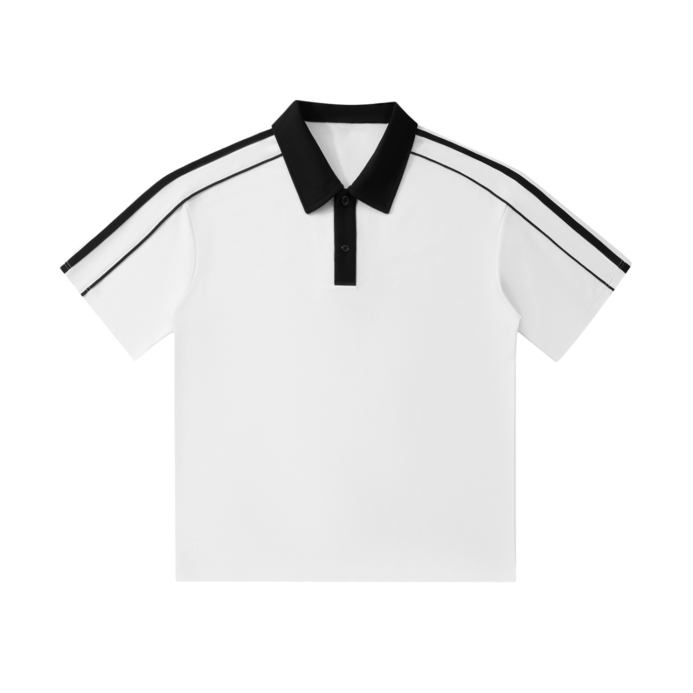 White polo shirt with black accents on a white background