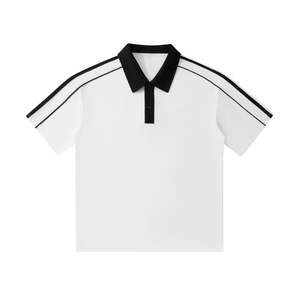 White polo shirt with black accents on a white background
