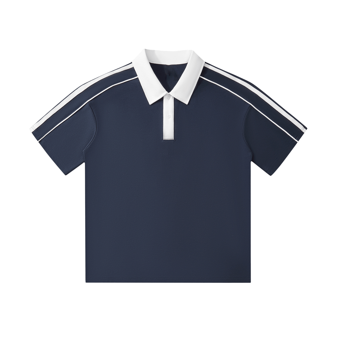 Navy polo shirt with white collar and stripes on a white background