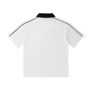 White polo shirt with black trim on a white background