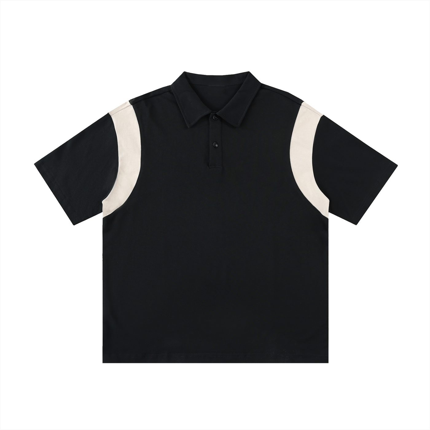 Black polo shirt with white sleeves on a white background