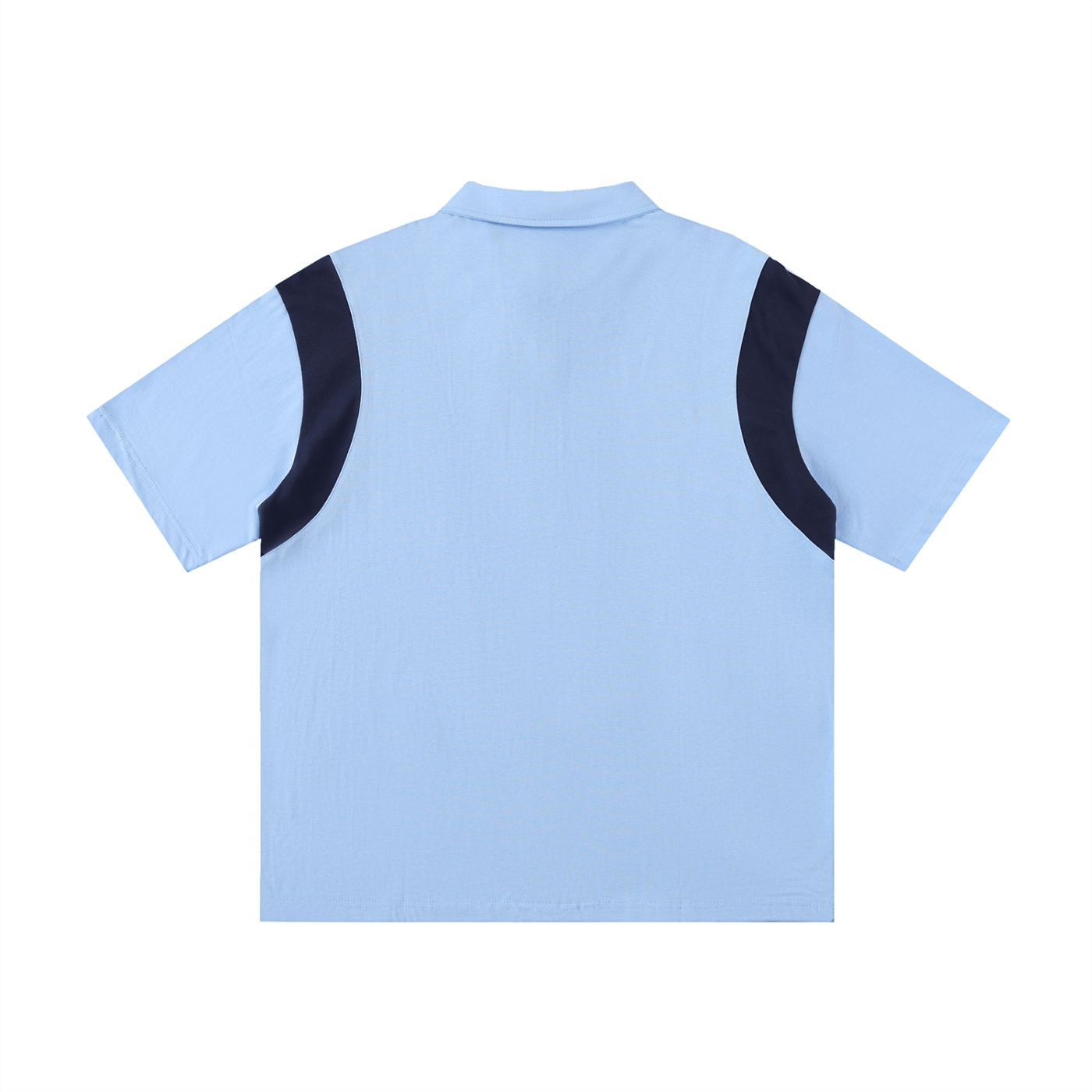Light blue polo shirt with black accents on a white background