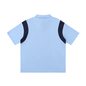Light blue polo shirt with black accents on a white background